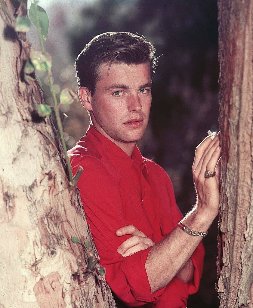 Actor Robert Wagner stands, posed, smoking beside tree, close-up.