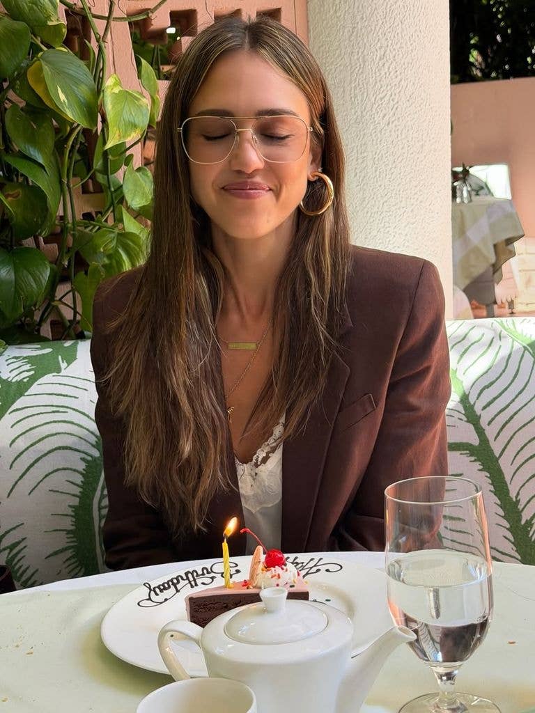 Jessica Alba with a slice of birthday cake to celebrate her 45th birthday, photo shared on Instagram