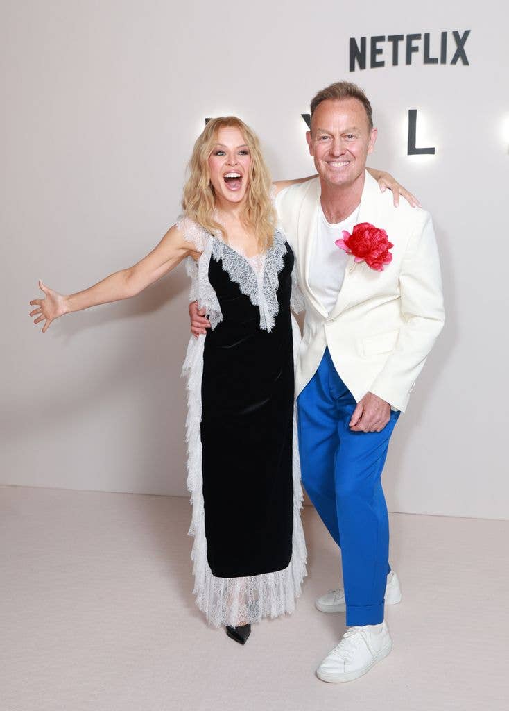 LONDON, ENGLAND - MAY 18: Kylie Minogue and Jason Donovan attend the "Kylie" Netflix documentary launch event at Frameless on May 18, 2026 in London, England. (Photo by Lia Toby/Getty Images)