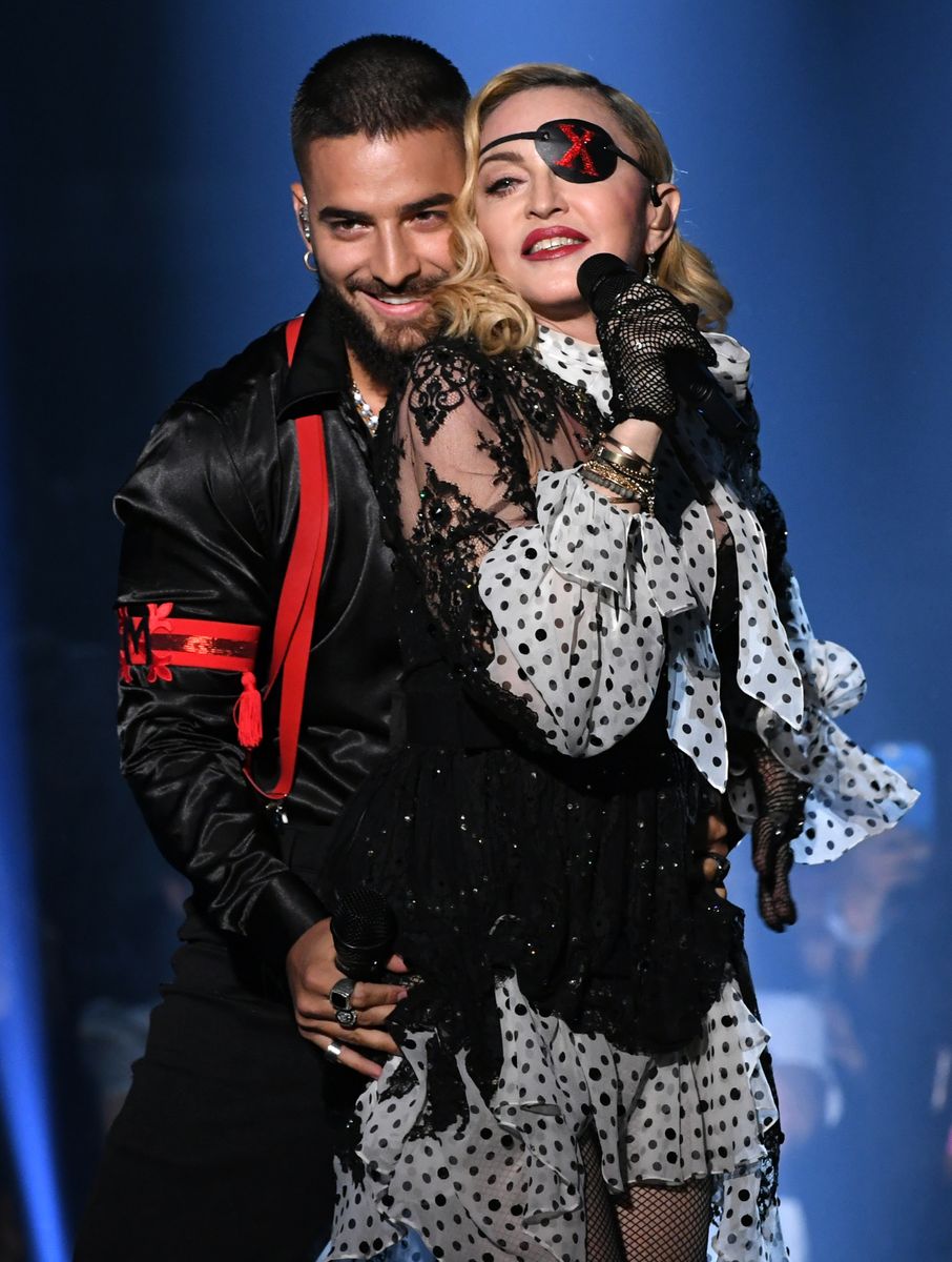 Maluma and Madonna perform onstage during the 2019 Billboard Music Awards at MGM Grand Garden Arena.