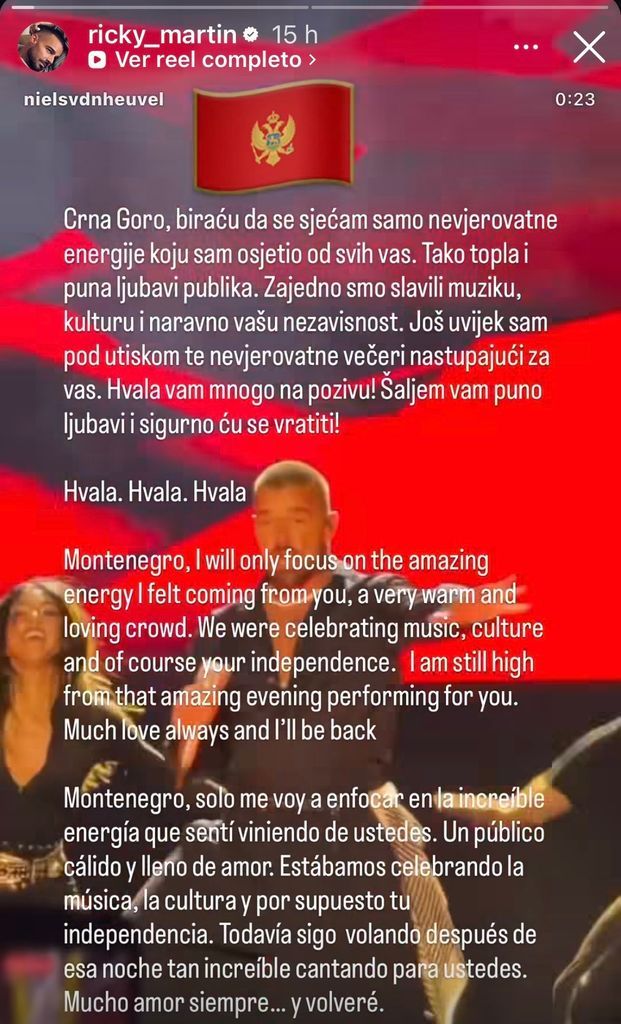 Ricky Martin promises to return to Montenegro despite concert attack: “Much love always, and I will be back”