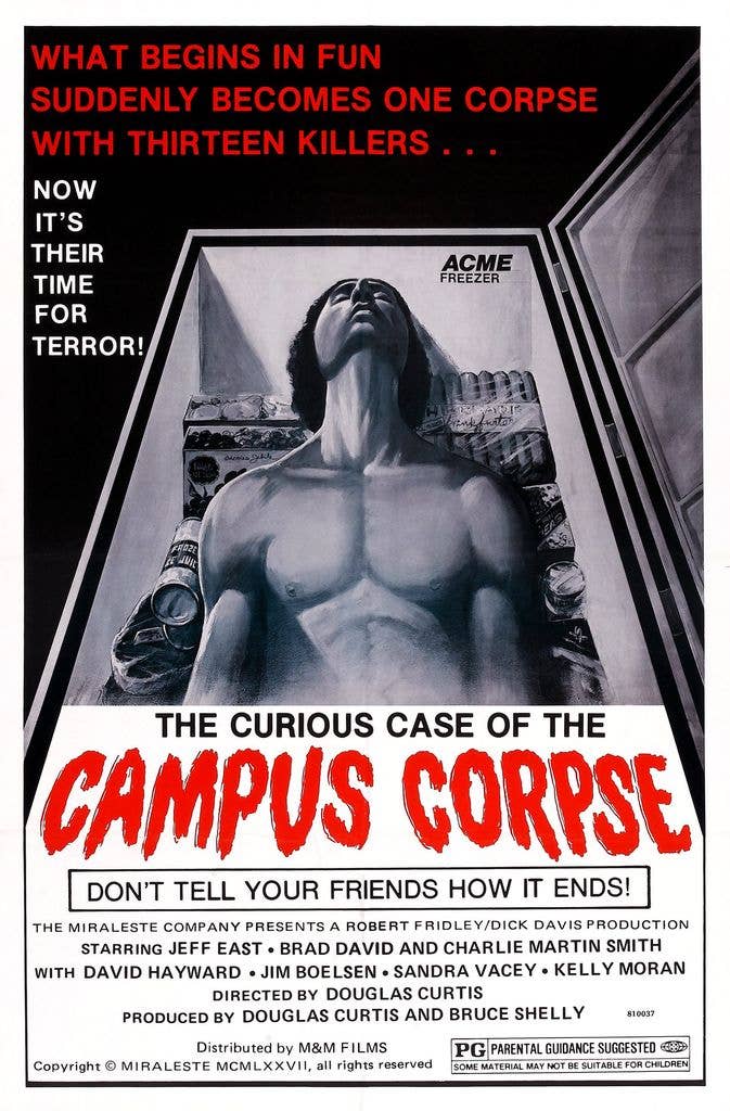 Poster for The Curious Case of The Campus Corpse movie in 1977.