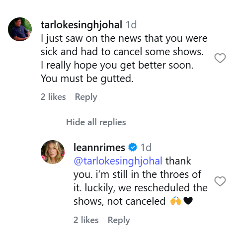 Screenshot of LeAnn Rimes' comment to a fan