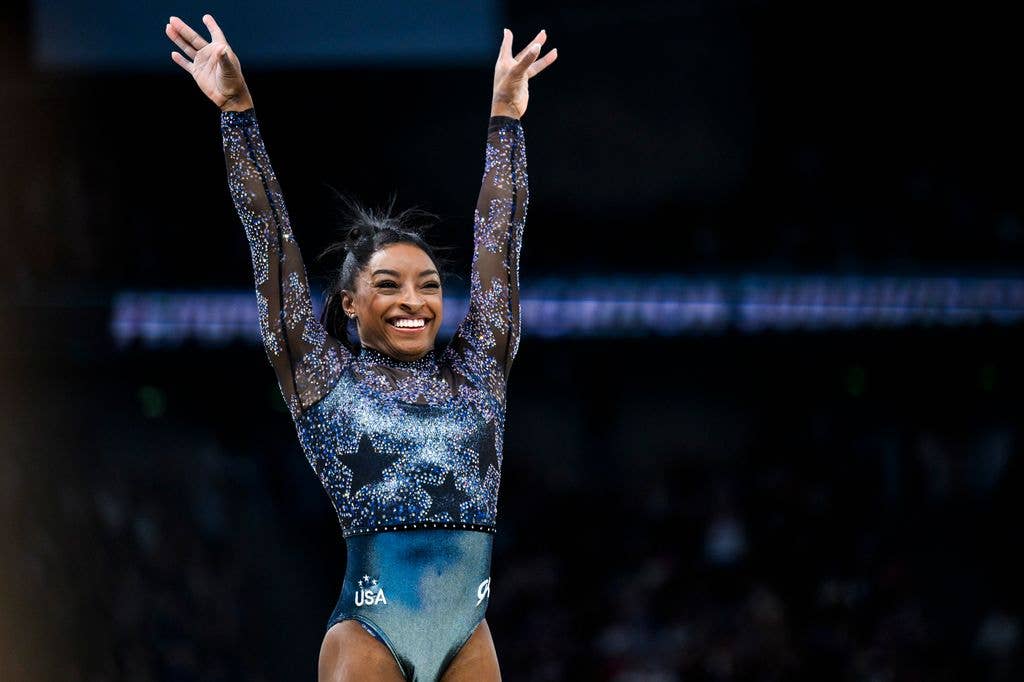 Simone Biles from Team United States reacts after her exercise on the balance beam during day two of the Olympic Games Paris 2024 at the Bercy Arena on July 28, 2024 in Paris, France.