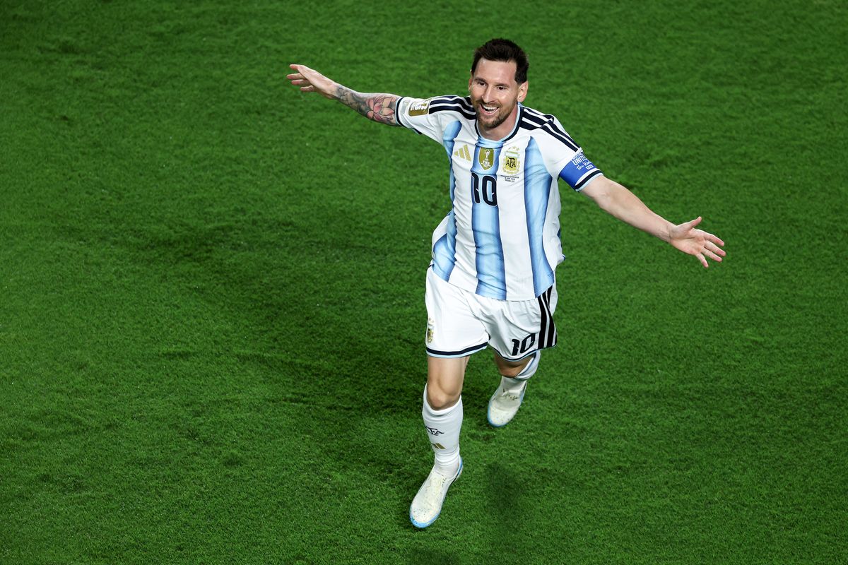 Messi celebrates scoring his team's third and hat-trick goal during the FIFA World Cup 2026 Group J match between Argentina and Algeria