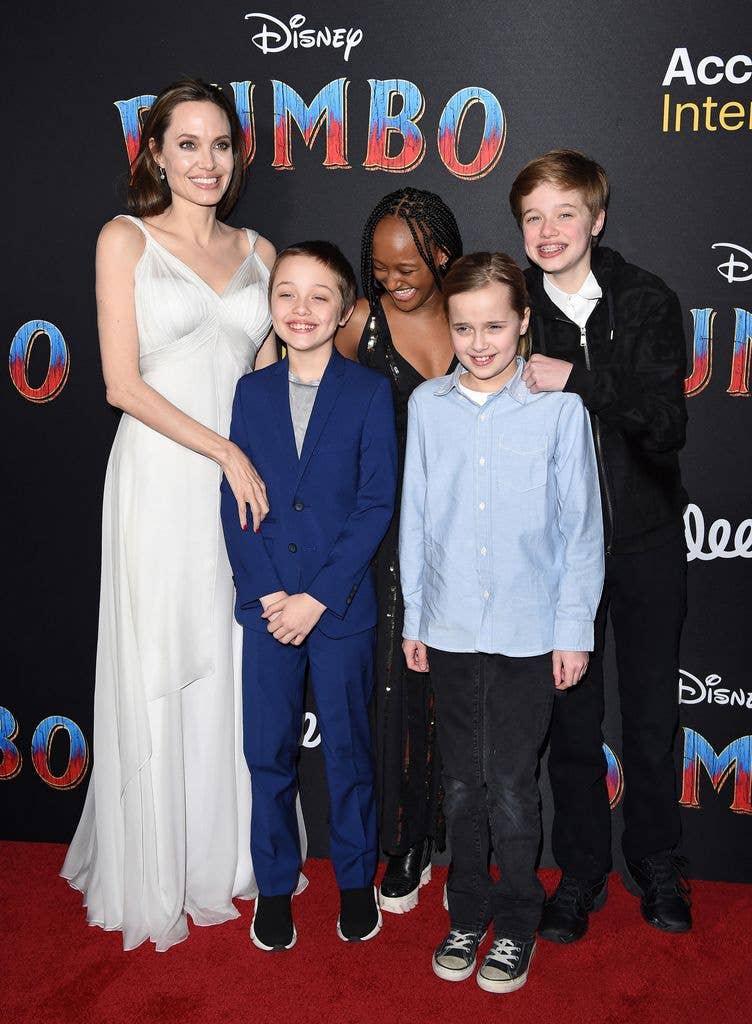 Angelina Jolie, Knox Leon Jolie-Pitt, Zahara Marley Jolie-Pitt, Vivienne Marcheline Jolie-Pitt, and Shiloh Nouvel Jolie-Pitt attend the premiere of Disney's "Dumbo"