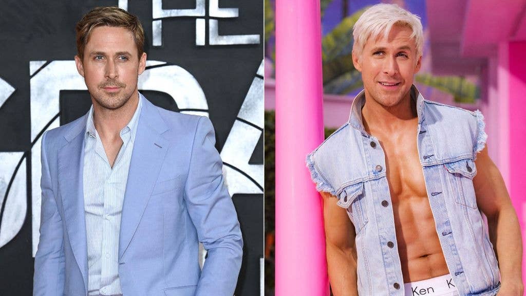 A split image of Ryan Gosling as Ken and with Brunette hair