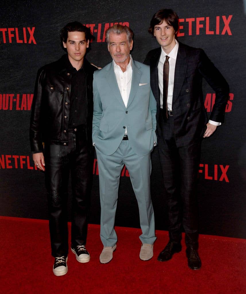 Paris Brosnan, Pierce Brosnan and Dylan Brosnan attend the Los Angeles Premiere Of Netflix's The Out-Laws in 2023