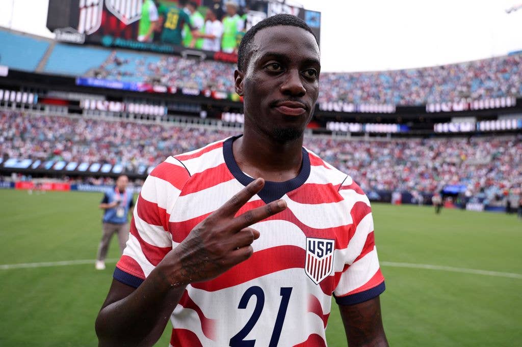 Timothy Weah of United States reacts following the team's victory in the international friendly match between United States and Senegal at Bank of America Stadium on May 31, 2026 in Charlotte, North Carolina.