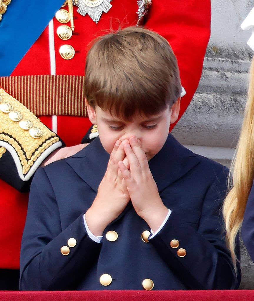 Prince Louis of Wales watches an RAF flypast from the balcony of Buckingham Palace after attending Trooping the Colour on June 15, 2024 in London, England.