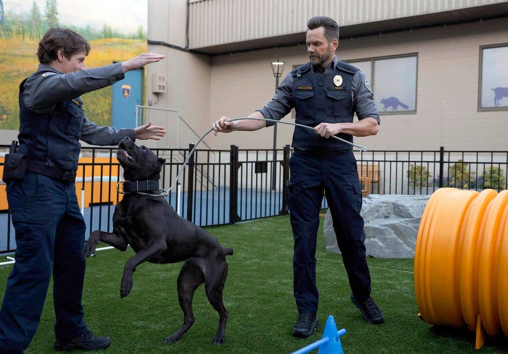 Michael Rowland and Joel McHale in the "Coyotes & Eagles" episode of ANIMAL CONTROL 