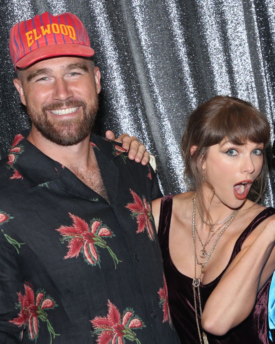 NEW YORK, NEW YORK - JUNE 13: (EXCLUSIVE COVERAGE) Travis Kelce and Taylor Swift pose backstage at the hit comedy "Oh, Mary!" on Broadway at The Lyceum Theatre on June 13, 2026 in New York City. (Photo by Bruce Glikas/WireImage)