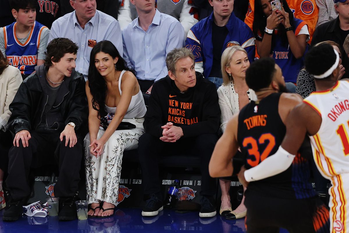 Timothée Chalamet and Kylie Jenner attend Game Five of the Eastern Conference First Round NBA Playoffs.