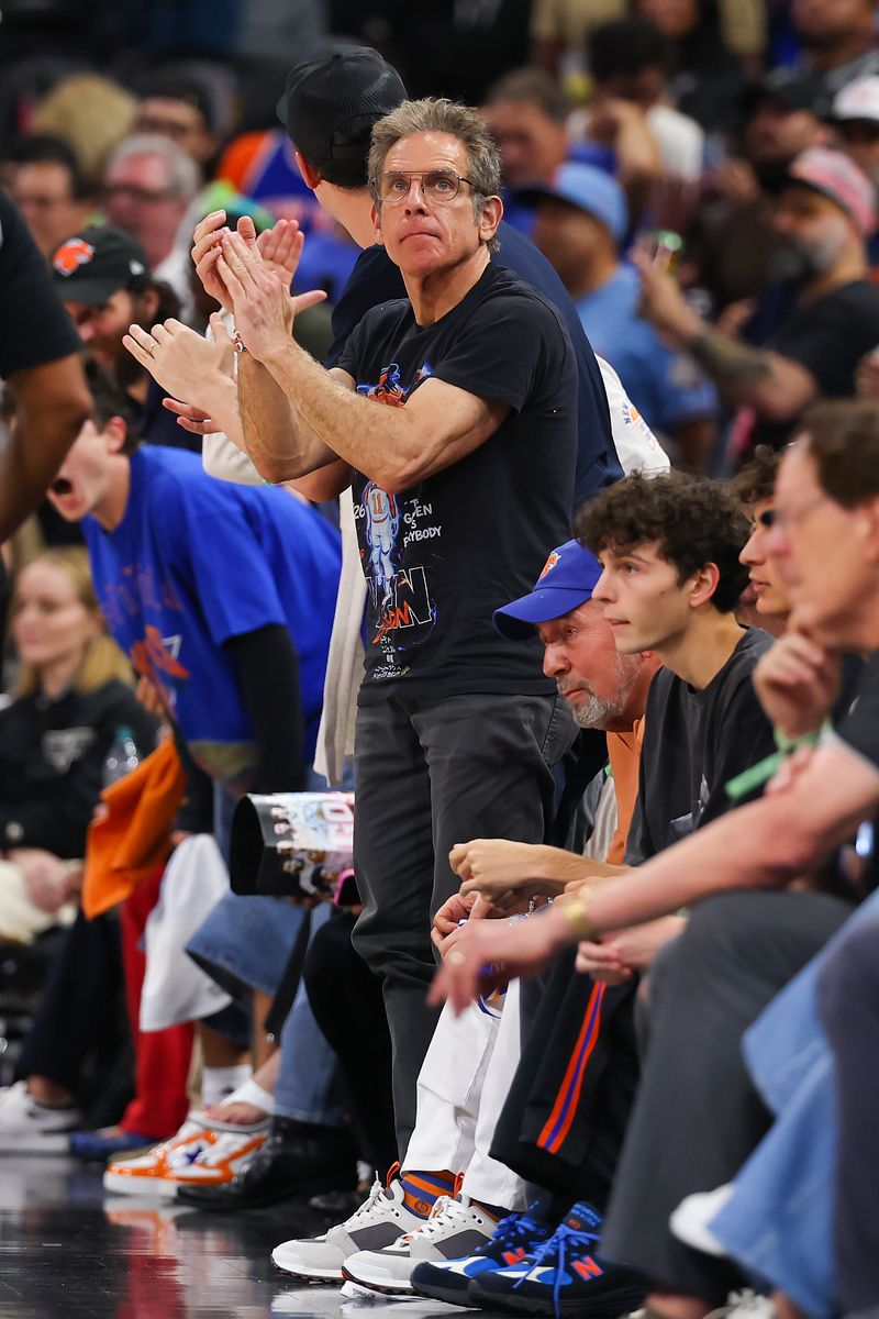 Ben Stiller applauds during the fourth quarter in Game Five of the 2026 NBA Finals between the San Antonio Spurs and the New York Knicks