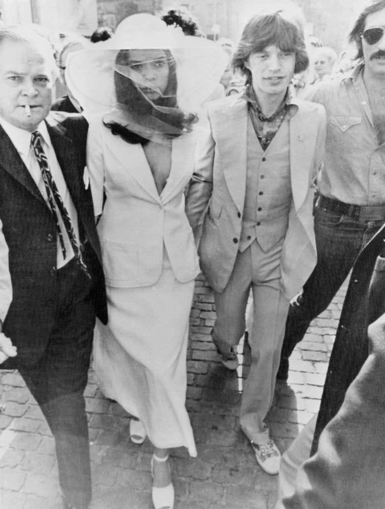 Bianca Jagger and her rock star husband Mick Jagger on their wedding day in St Tropez, 1971