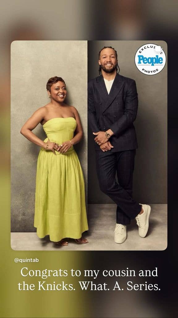 Quinta Brunson shares a photo of herself with NBA player Jalen Brunson reacting to the New York Knicks' win on Instagram Stories