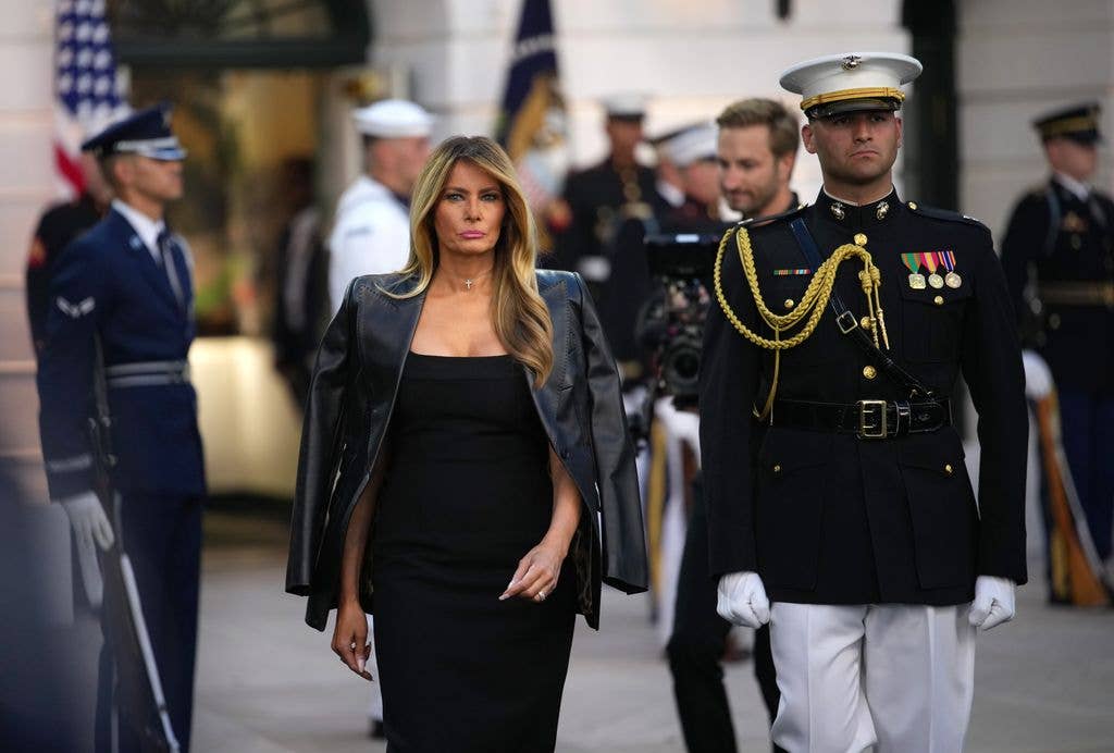 First Lady Melania Trump walks out of the White House onto the South Lawn for the UFC Freedom 250 fight