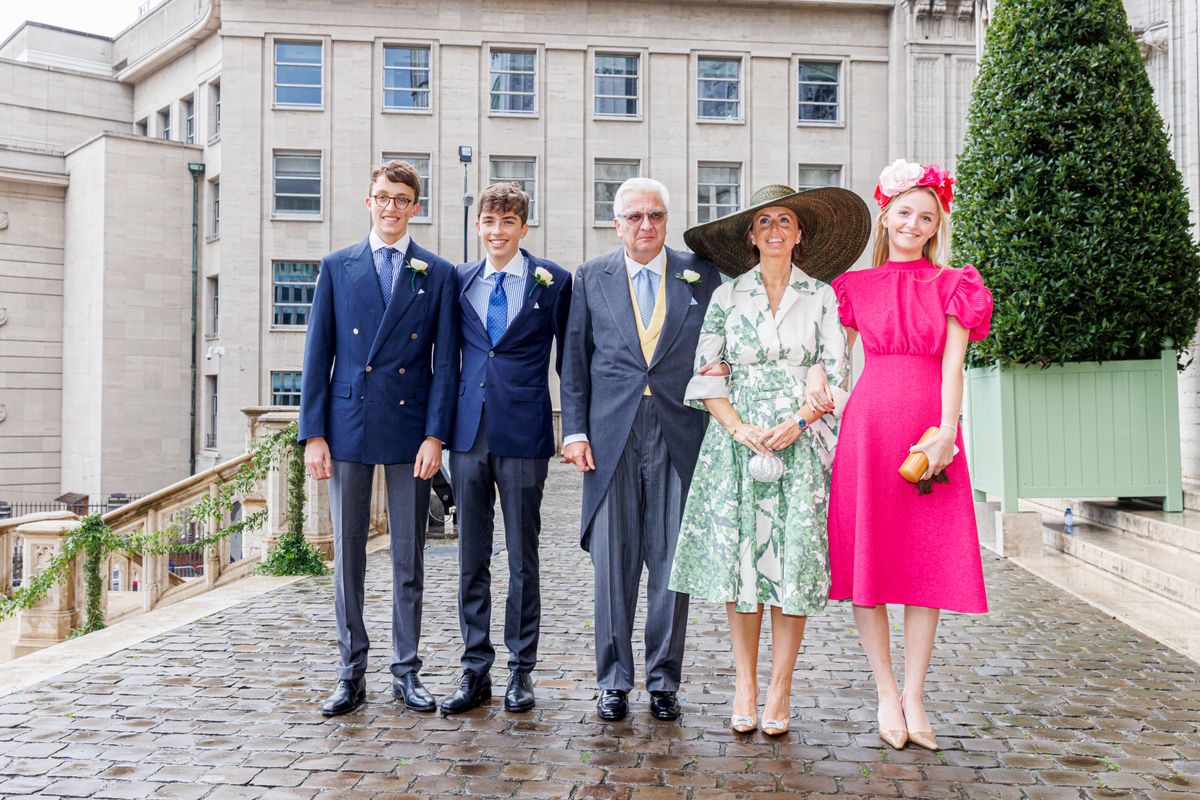Prince Nicolas of Belgium, Prince Aymeric of Belgium, Prince Laurent of Belgium, Princess Claire of Belgium and Princess Louise of Belgium at the wedding of Princess Maria Laura and William Isvy on September 10, 2022 in Brussels
