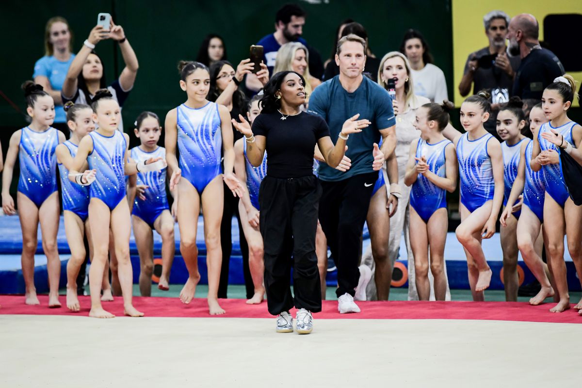 Simone Biles speaks at the end of her Gymnastics Clinic at Youth Olympic Park Villa Soldati