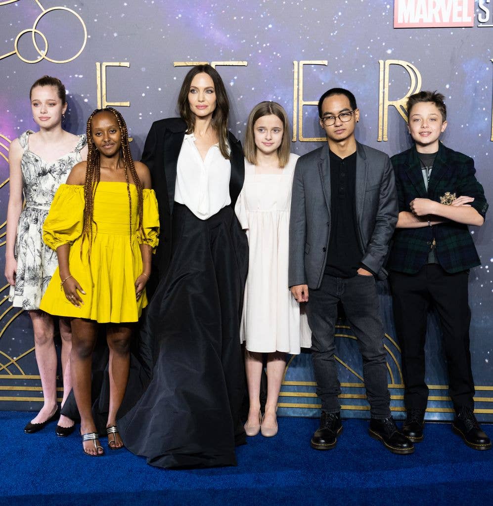 (L-R) Shiloh Jolie-Pitt, Zahara Jolie-Pitt, Angelina Jolie, Vivienne Jolie-Pitt, Maddox Jolie-Pitt and Knox Jolie-Pitt attends the "The Eternals" UK Premiere