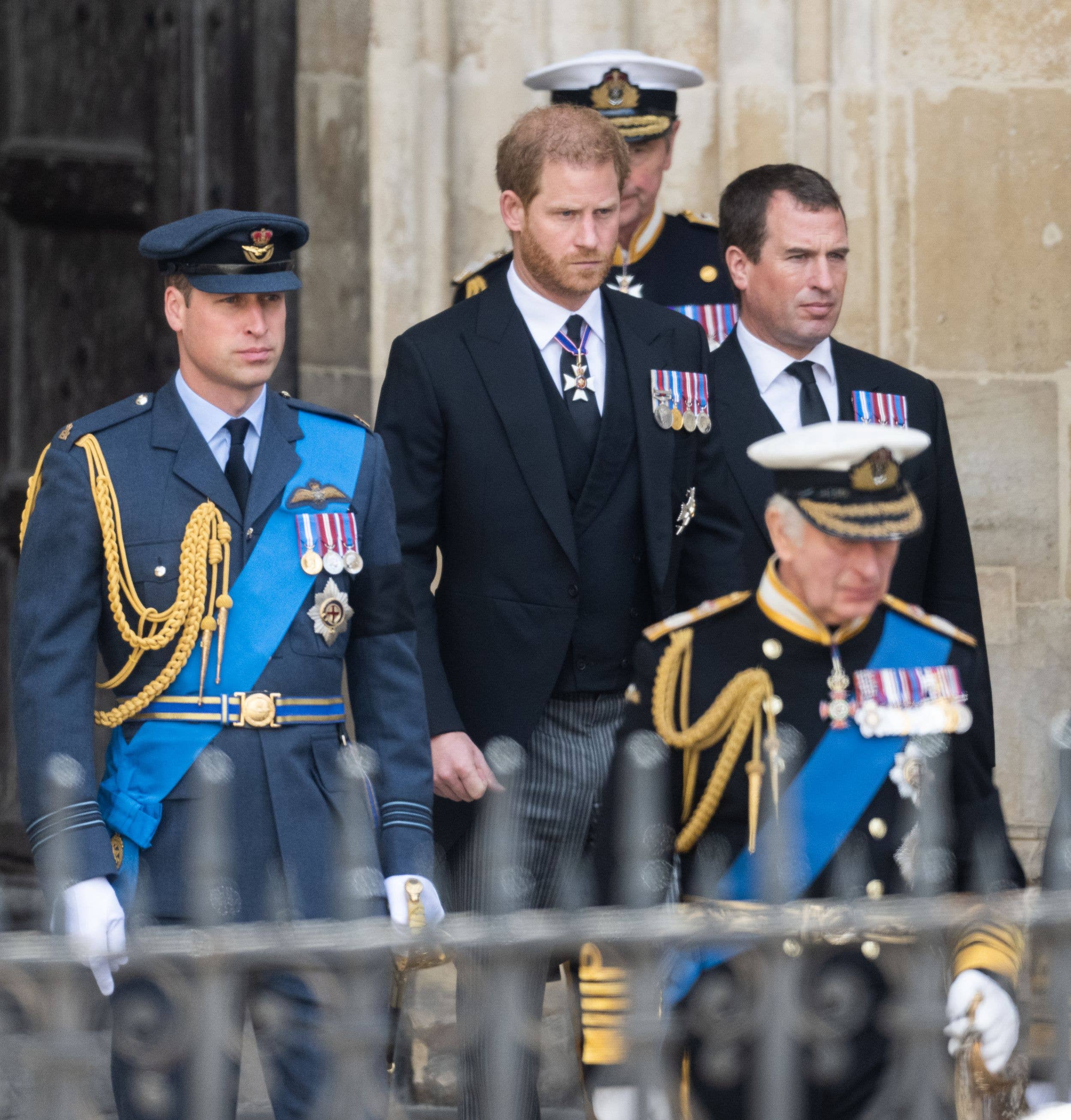 Prince William, Prince Harry, and Peter Phillips attend the State Funeral of Queen Elizabeth II at Westminster Abbey on September 19, 2022