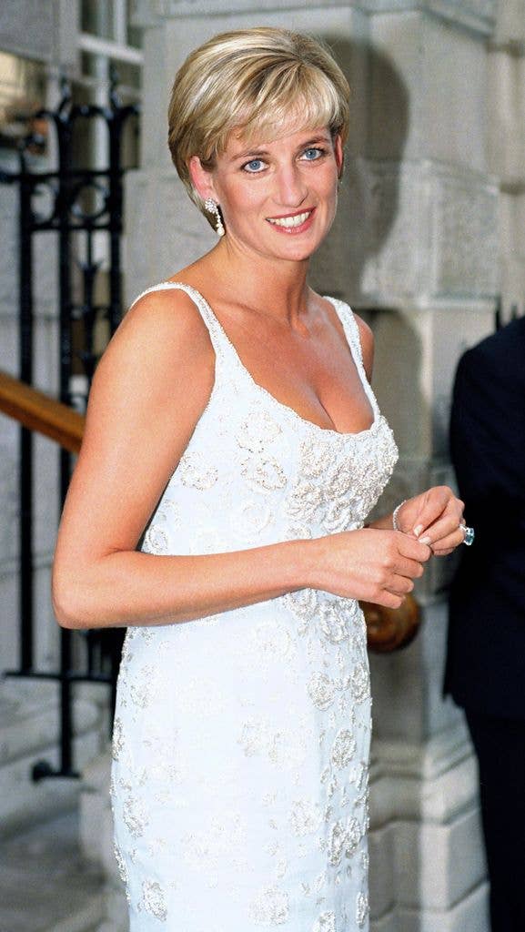 Princess Diana attends a preview of her 'Dresses Auction' at Christies in London
