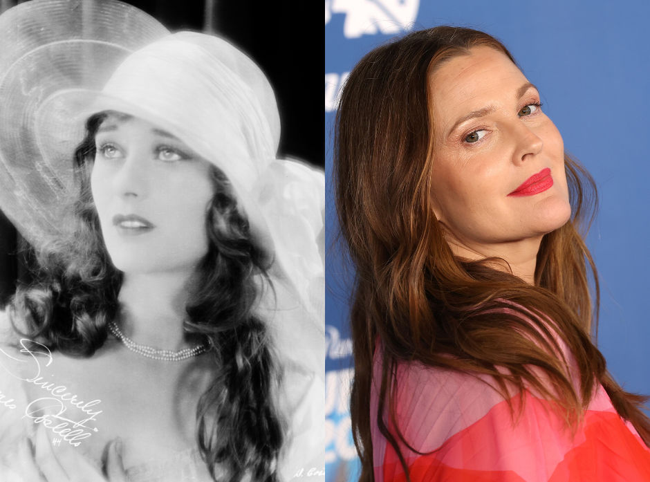 Split image of Drew Barrymore and her grandmother Dolores Costello.