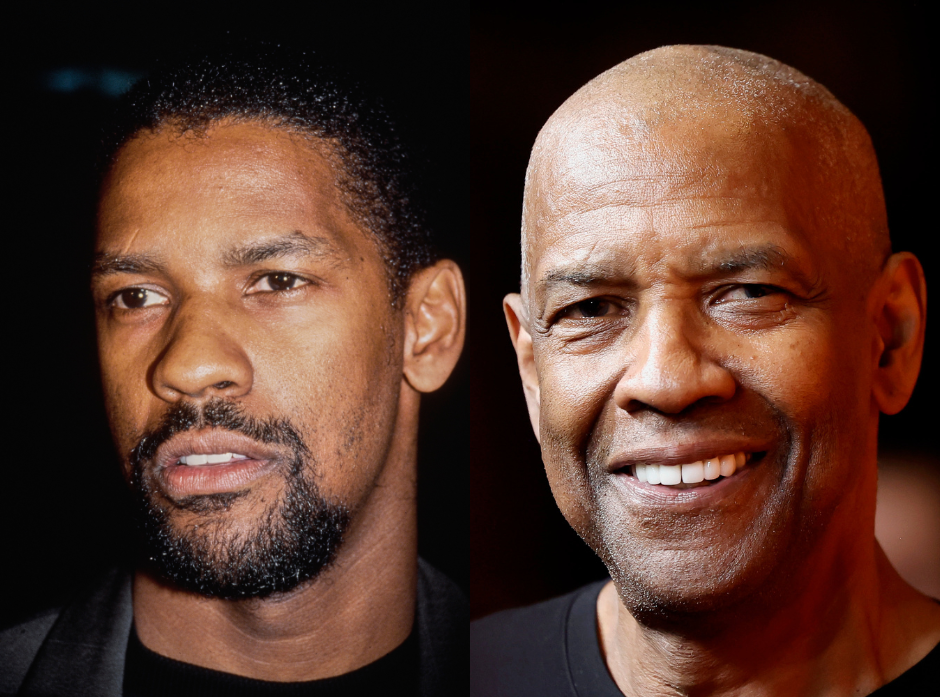 Split image of Denzel Washington in the '90s and present day.f