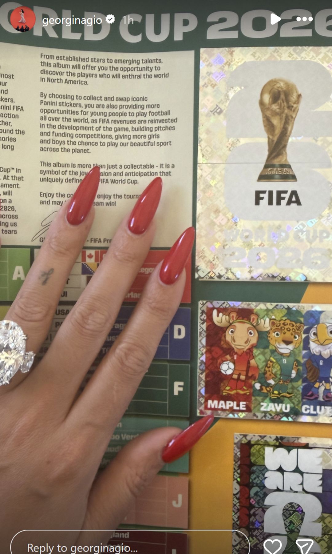 Following Ronaldo's performance, Rodriguez shared a photo of the FIFA World Cup album, placing her hand and showing off her engagement ring