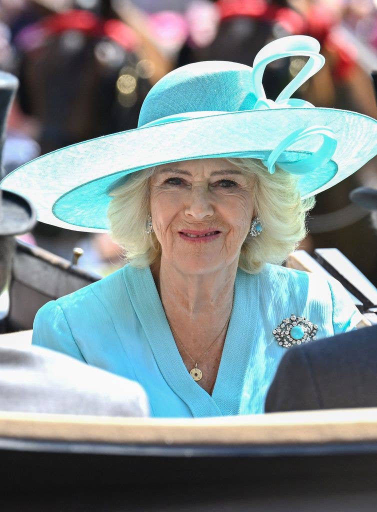 Queen Camilla smiles as she attends day four of Royal Ascot 2026 