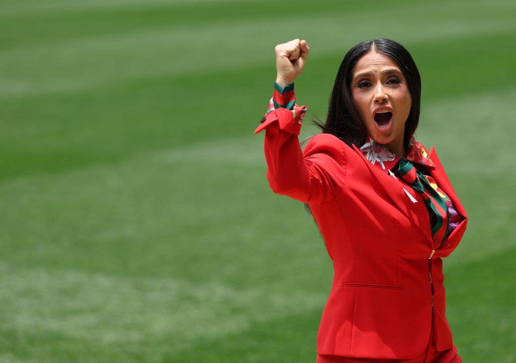 Salma Hayek performs in the Opening Ceremony before the FIFA World Cup 2026 Group A match between Mexico and South Africa at Mexico City Stadium on June 11, 2026 in Mexico City, Mexico. (Photo by MB Media/Getty Images)
