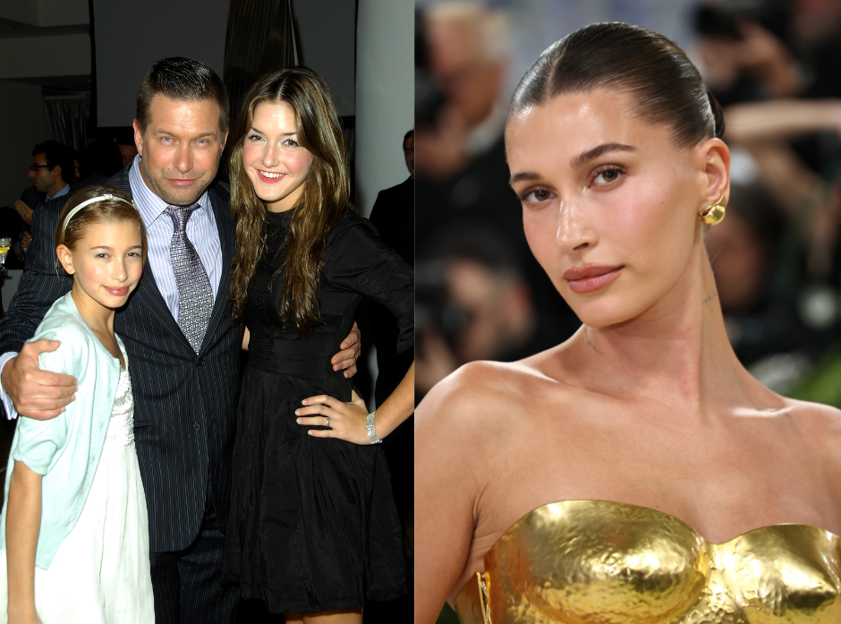 Split image of Hailey Bieber. On the left, with father Stephen and Alia Baldwin in 2008. On the right, at the 2026 Met Gala.