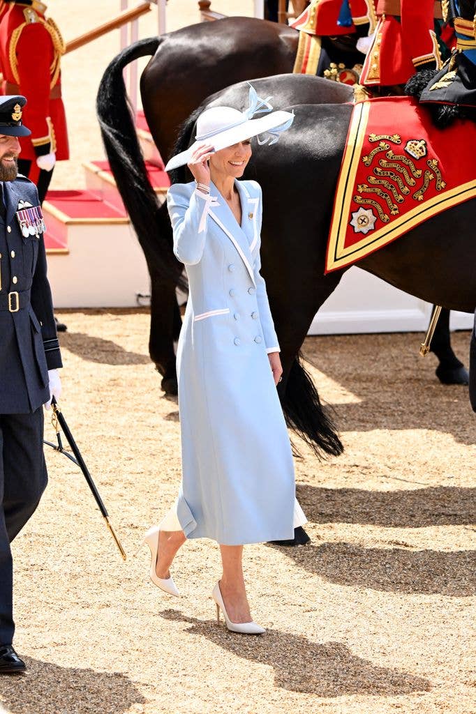 Catherine, Princess of Wales during Trooping The Colour on June 13, 2026 in London, England. Trooping The Colour is a ceremonial parade celebrating the official birthday of the British Monarch. The event features over 1400 soldiers of the Household Division and King's Troop Royal Horse Artillery, including over 400 musicians from the Massed Bands. (Photo by Jeff Spicer/Getty Images)