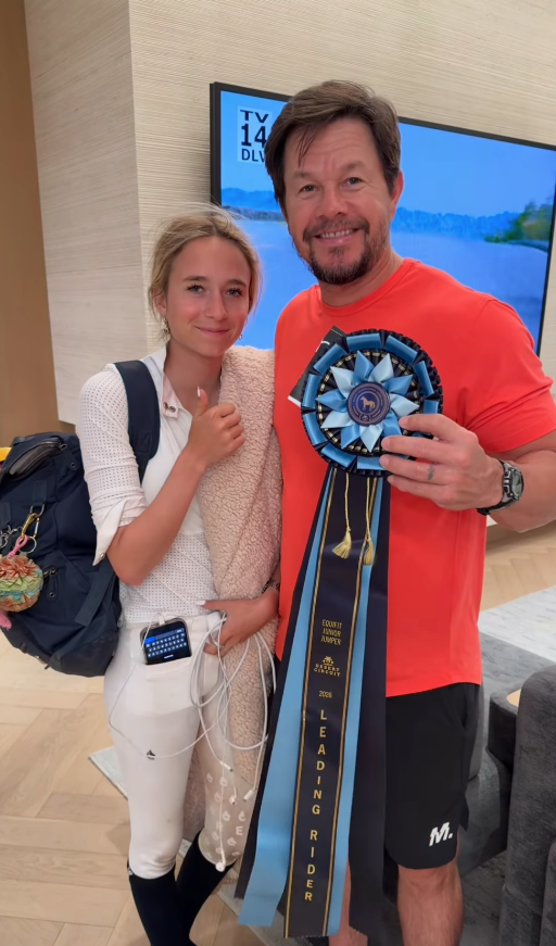Photo shared by Mark Wahlberg featuring his daughter Grace after winning the EquiFit Leading Junior Jumper Award, March 2026