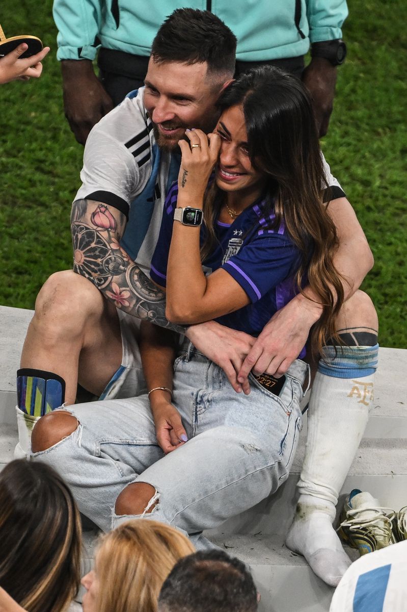 Argentina's Lionel Messi with his wife Antonela Roccuzzo after the match. 