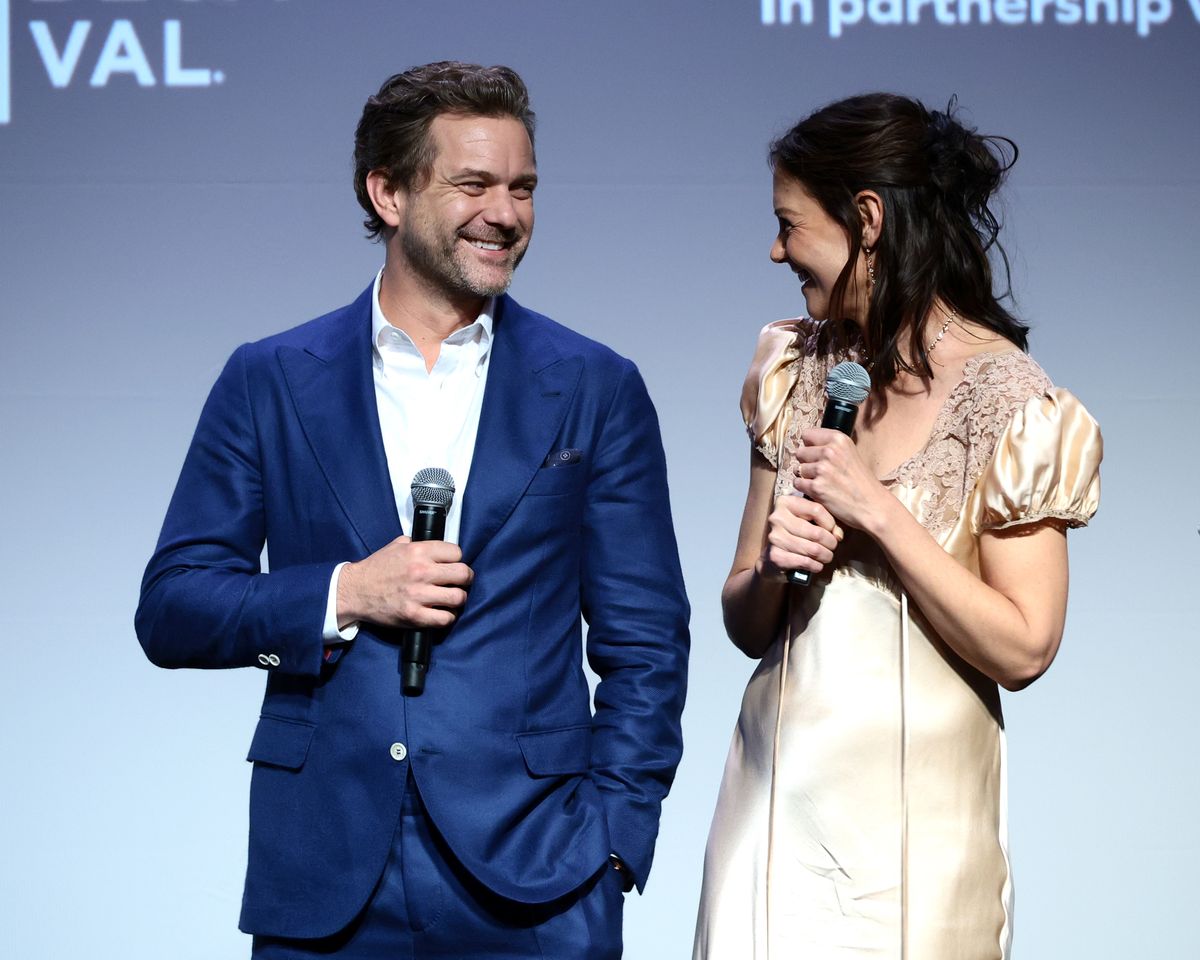 Joshua Jackson and Katie Holmes spoke onstage during the "Happy Hours" Premiere at the 2026 Tribeca Festival