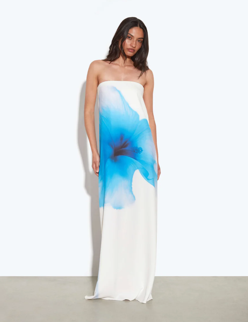 blue floral strapless dress