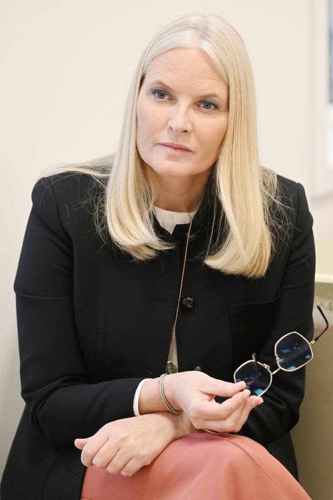 Crown Princess Mette- Marit of Norway visits The International Library Of Fashion at Stasjonsmesterbygningen on January 24, 2025