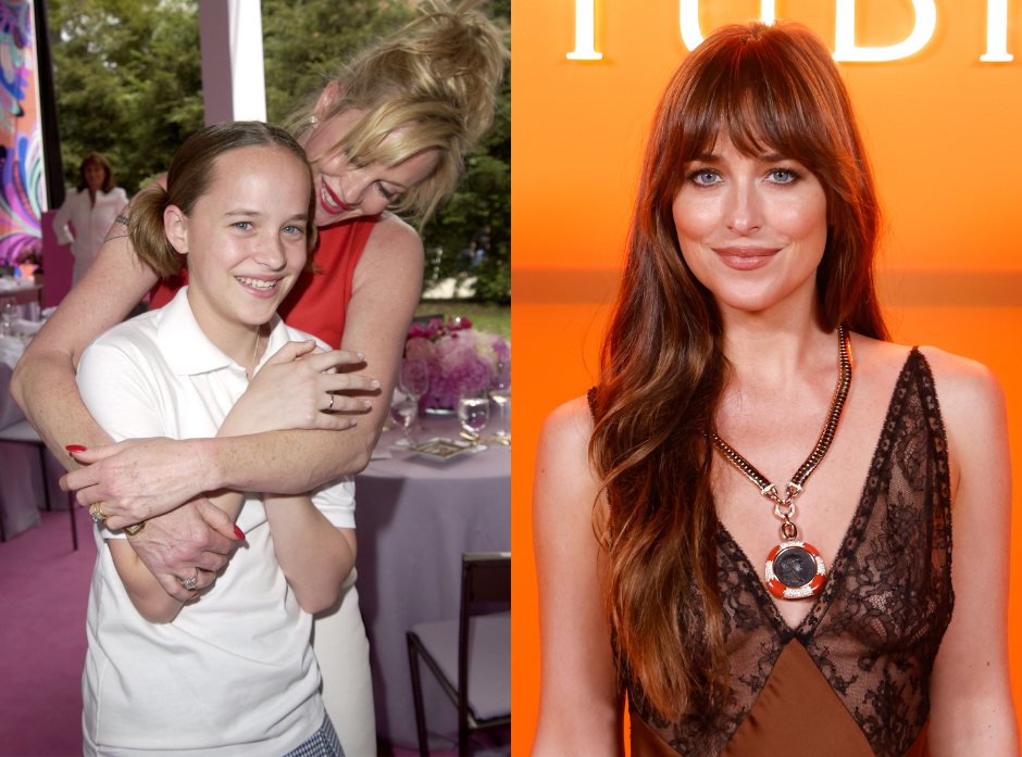 Split image of Dakota Johnson. On the left with mother Melanie Griffith, on the right in 2024.