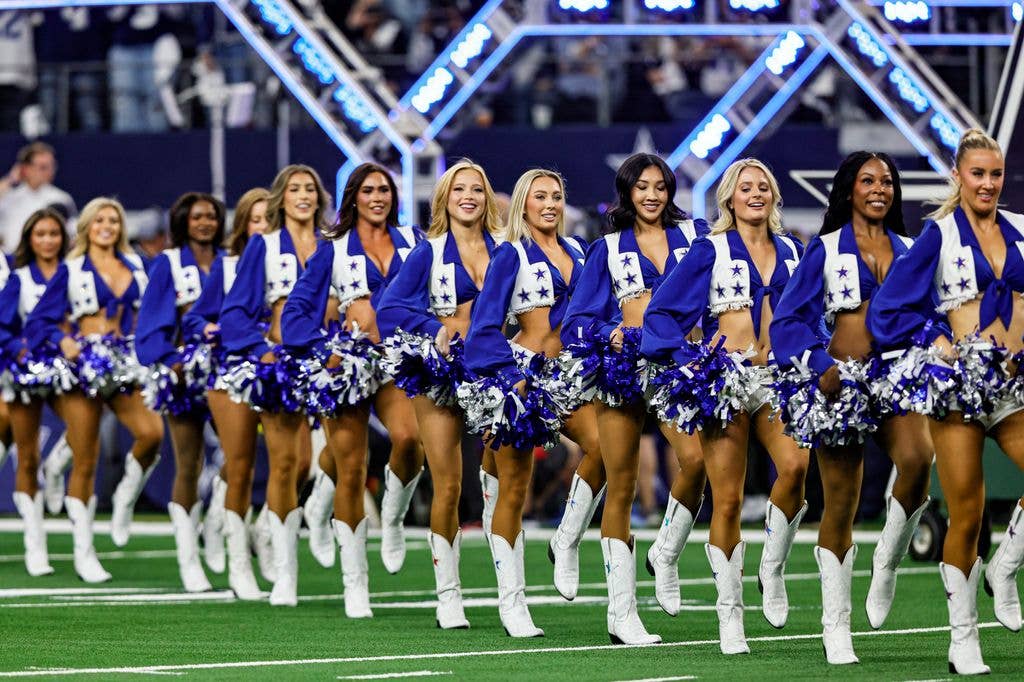 The Dallas Cowboys Cheerleaders perform during the game between the Dallas Cowboys and the Philadelphia Eagles on November 23, 2025 at AT&T Stadium in Arlington, Texas.