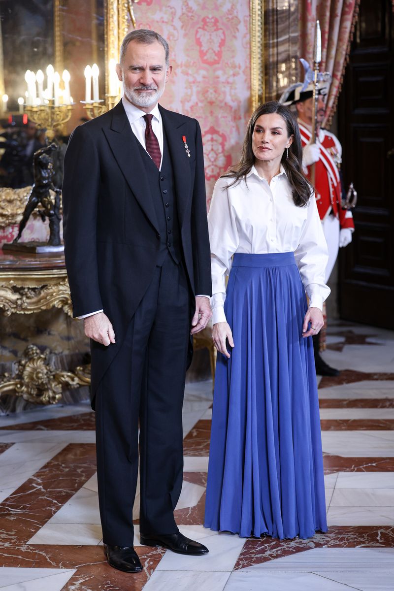 King Felipe VI of Spain and Queen Letizia of Spain receive the diplomatic corps at The Royal Palace on January 09, 2025 in Madrid, Spain.
