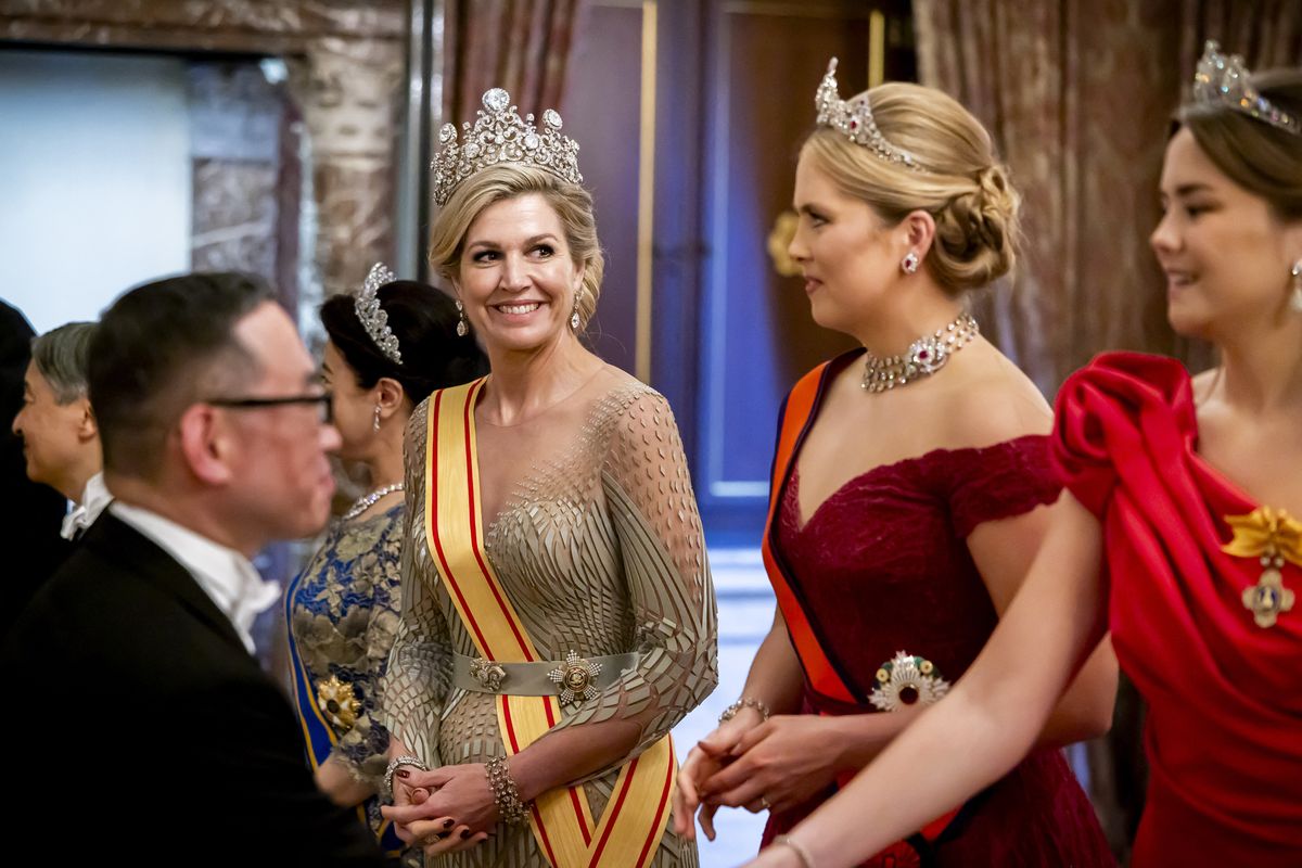 The Dutch queen paired her modern design with the legendary Stuart Tiara, one of the most important jewels in the House of Orange-Nassau collection.