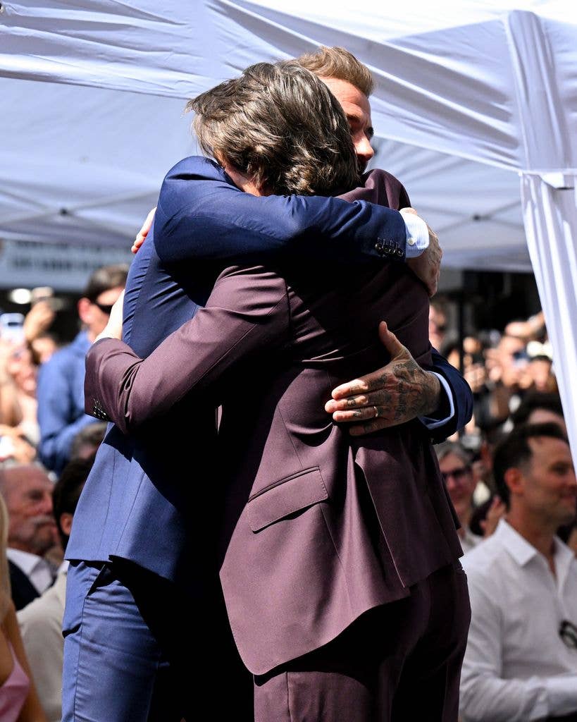 David Beckham and Tom Cruise at the ceremony to honor David Beckham with a star on the Hollywood Walk Of Fame on June 12, 2026 in Los Angeles, California. (Photo by Gilbert Flores/Variety via Getty Images)