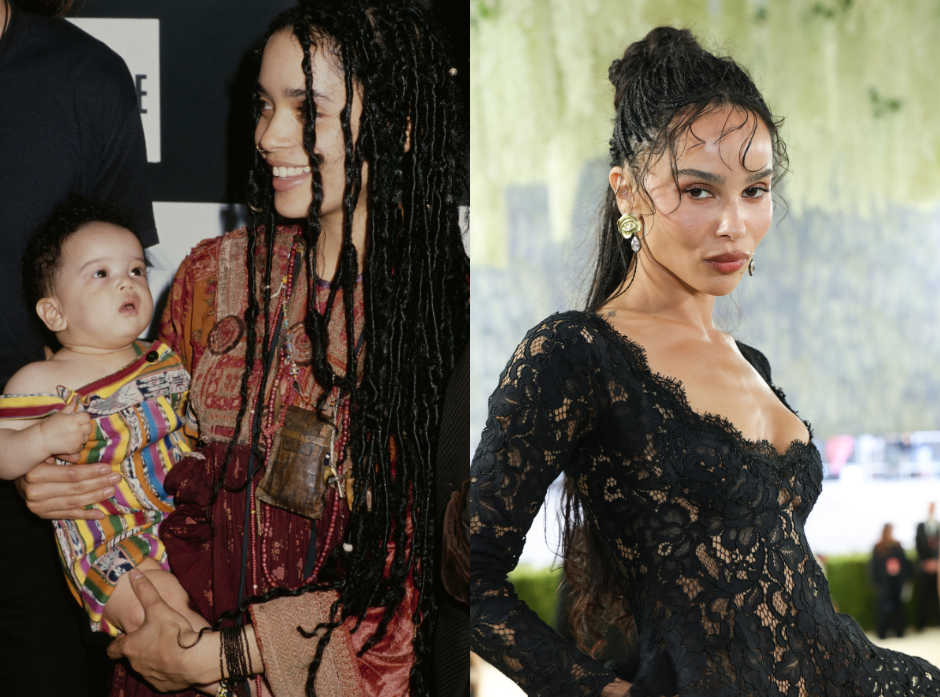 Split image of Zoe Kravitz. On the left with mother Lisa Bonet in 1989. On the right, in 2026.