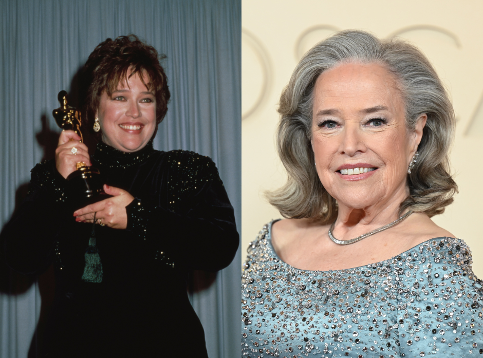 Katy Bates in the '90s wearing a high necked black dress and holding an Oscar, and on the right in a boatneck blue dress with grey sparkly embellishments.