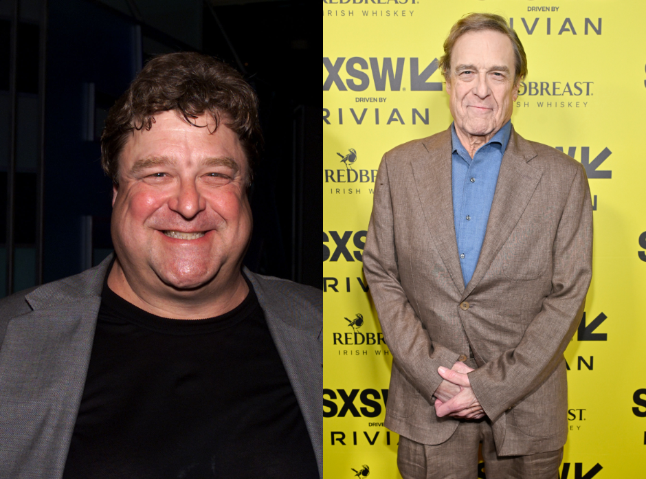 Split image of John Goodman. On the left, in a black tshirt and grey jacket in 2000. On the right, in a brown jacket and blue shirt in 2026.