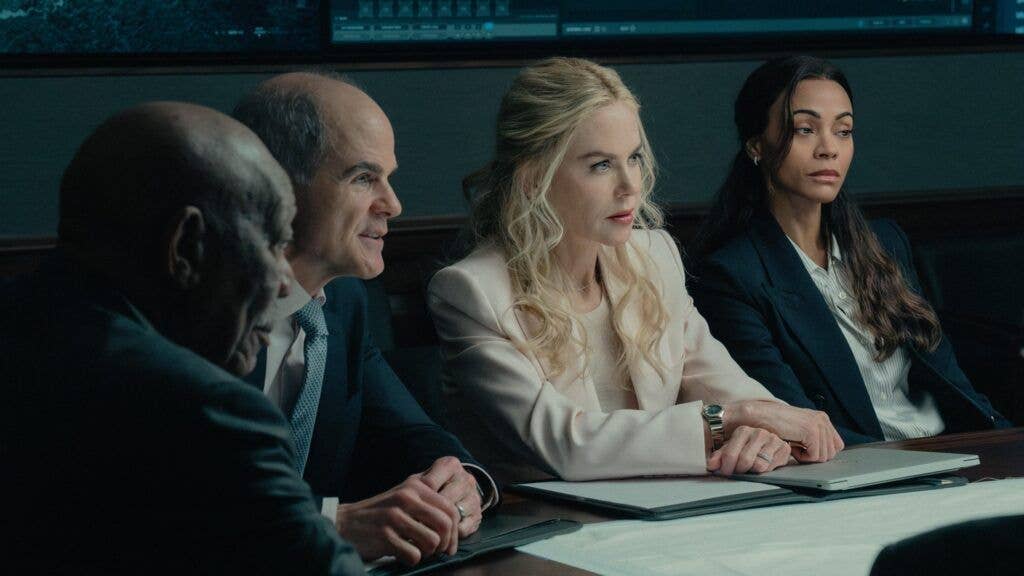Morgan Freeman as Edwin Mullins, Michael Kelly as Byron Westfield, Nicole Kidman as Kaitlyn, Zoe Saldaña as Joe, in Lioness