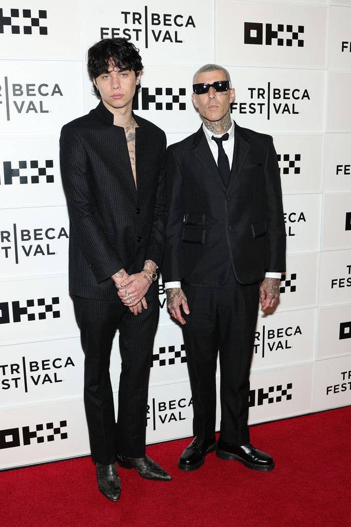 (L-R) Landon Barker and Travis Barker attend the "Travis Barker: Louder Than Fear" Premiere