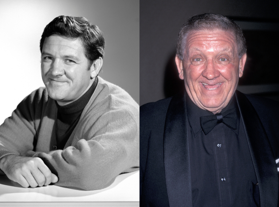 Split image of George Lindsey. On the left, in a black and white portrait dated 1967 as Goober Pyle. On the right, in 2001 at the twelfth annual Producers Guild of America Golden Laurel Awards.