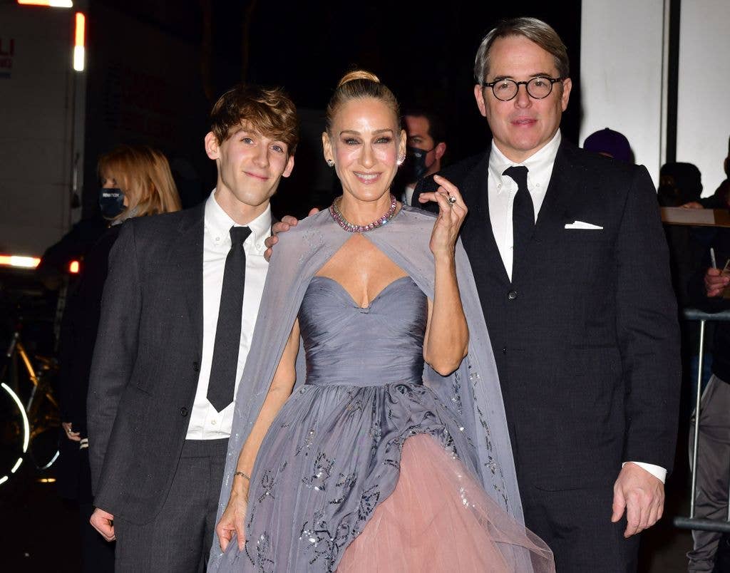 James Wilkie Broderick, Sarah Jessica Parker and Matthew Broderick arrive to premiere of "And Just Like That" at Museum of Modern Art on December 08, 2021 in New York City